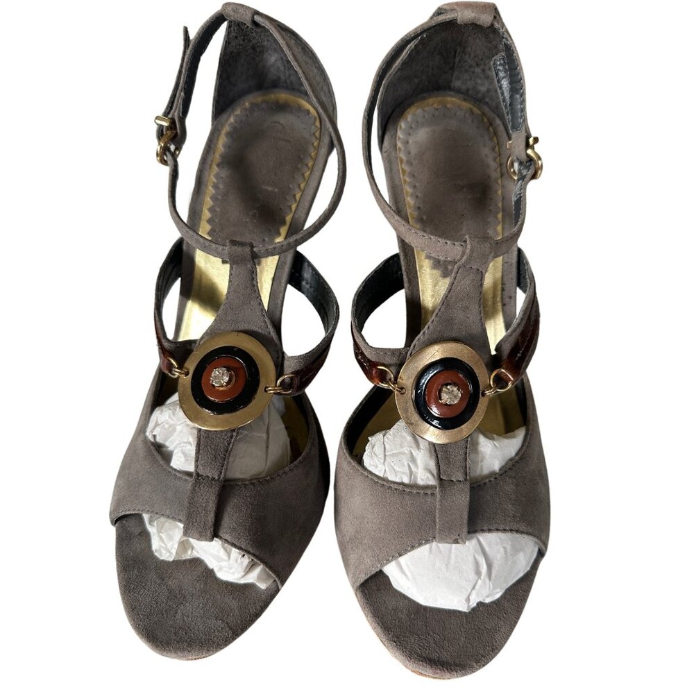 Charles David, Grey Suede with 70's Style w/ Hardware, & Gold Heel, Size 6